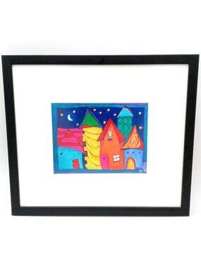 Whimsical Homes Wall Art Night Sky Framed Print Colorful Houses Moon Stars